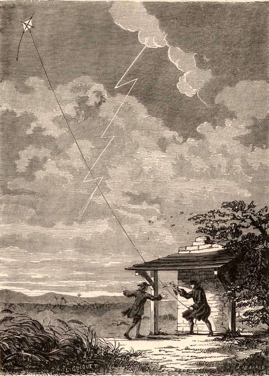 Künstlerische Darstellung von Benjamin Franklins Untersuchung der elektrischen Natur des Blitzes, aus 