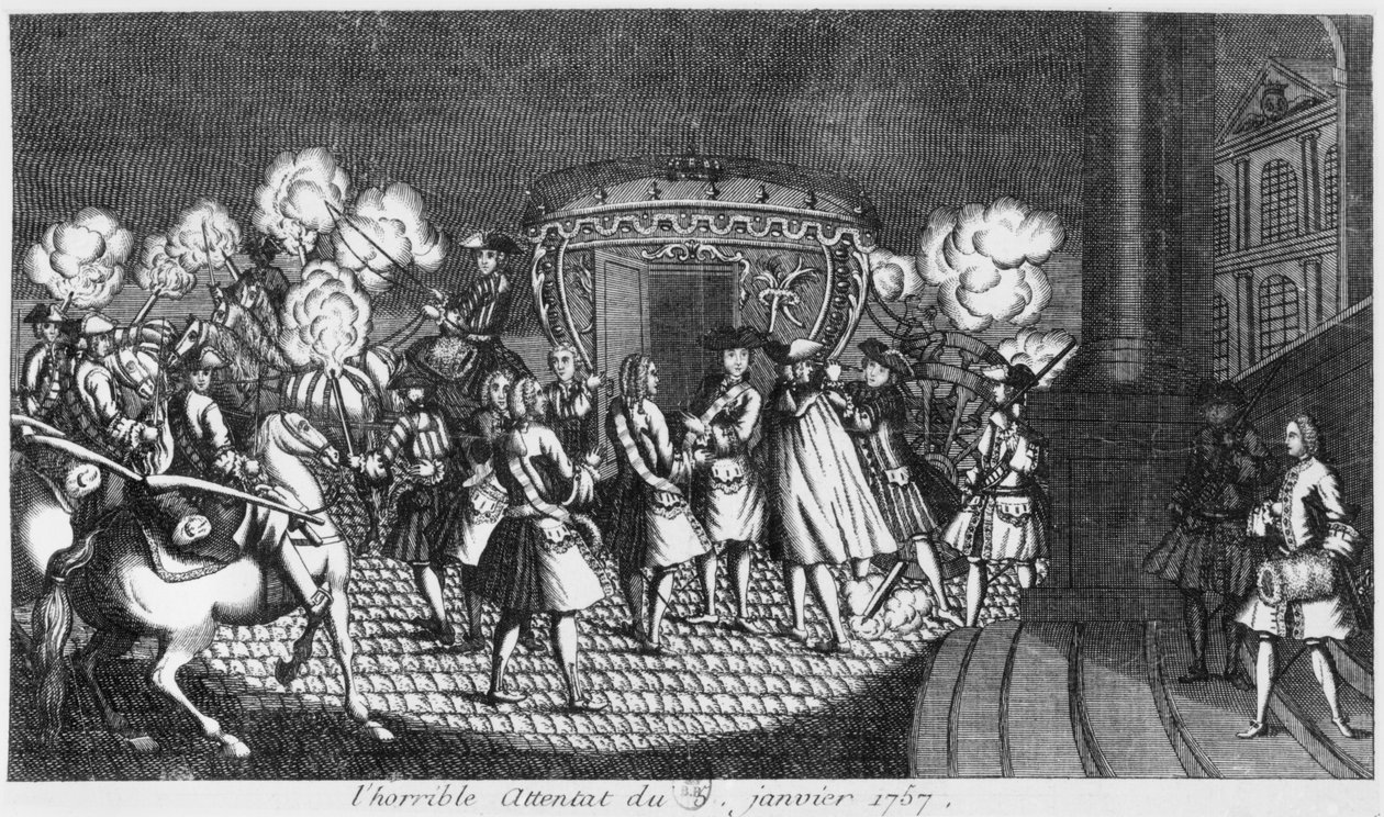 Attentat auf König Ludwig XV. (1710-74) durch Robert François Damiens am 5. Januar 1757 von French School