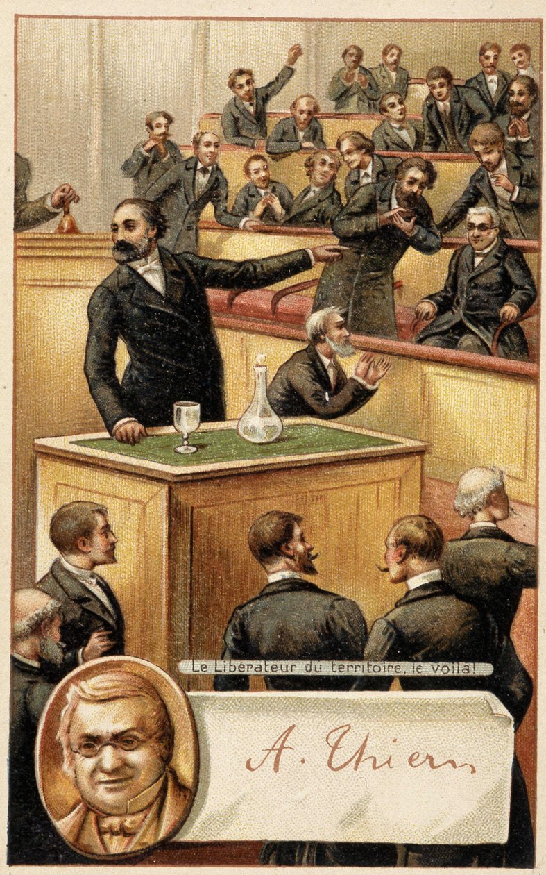 Versammlung jubelt Thiers zu, „Befreier des Territoriums“ und Porträt im Medaillon - Chromo., Ende des 19. Jahrhunderts. von French School