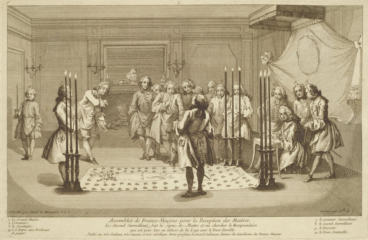 Versammlung der Freimaurer vor der Einweihung eines Meisters, aus Die Zeremonien der Religion und des Brauchtums, um 1733 von French School