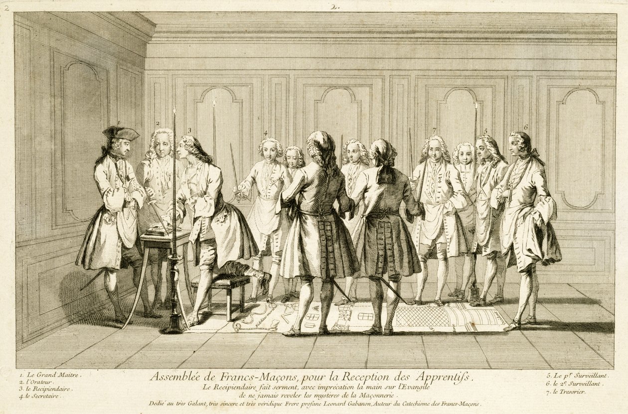 Versammlung der Freimaurer zur Einweihung eines Lehrlings, aus Die Zeremonien der Religion und des Brauchtums, um 1733 von French School