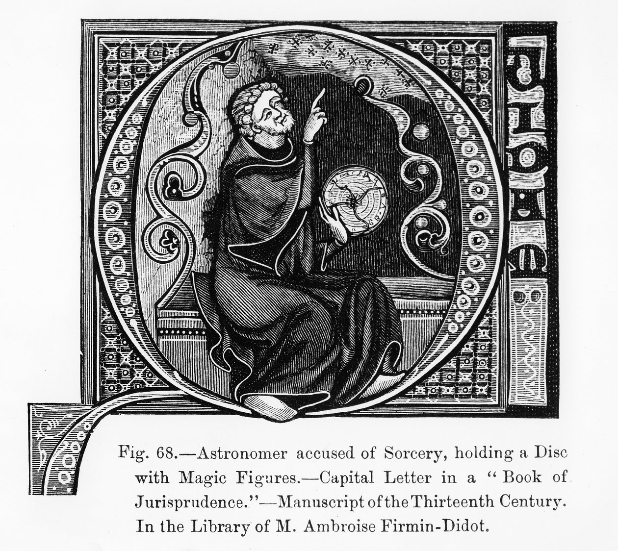 Astronom, der der Hexerei beschuldigt wird, hält eine Scheibe mit magischen Figuren, aus dem Buch der Jurisprudenz, Illustration aus Wissenschaft und Literatur im Mittelalter und der Renaissance von French School
