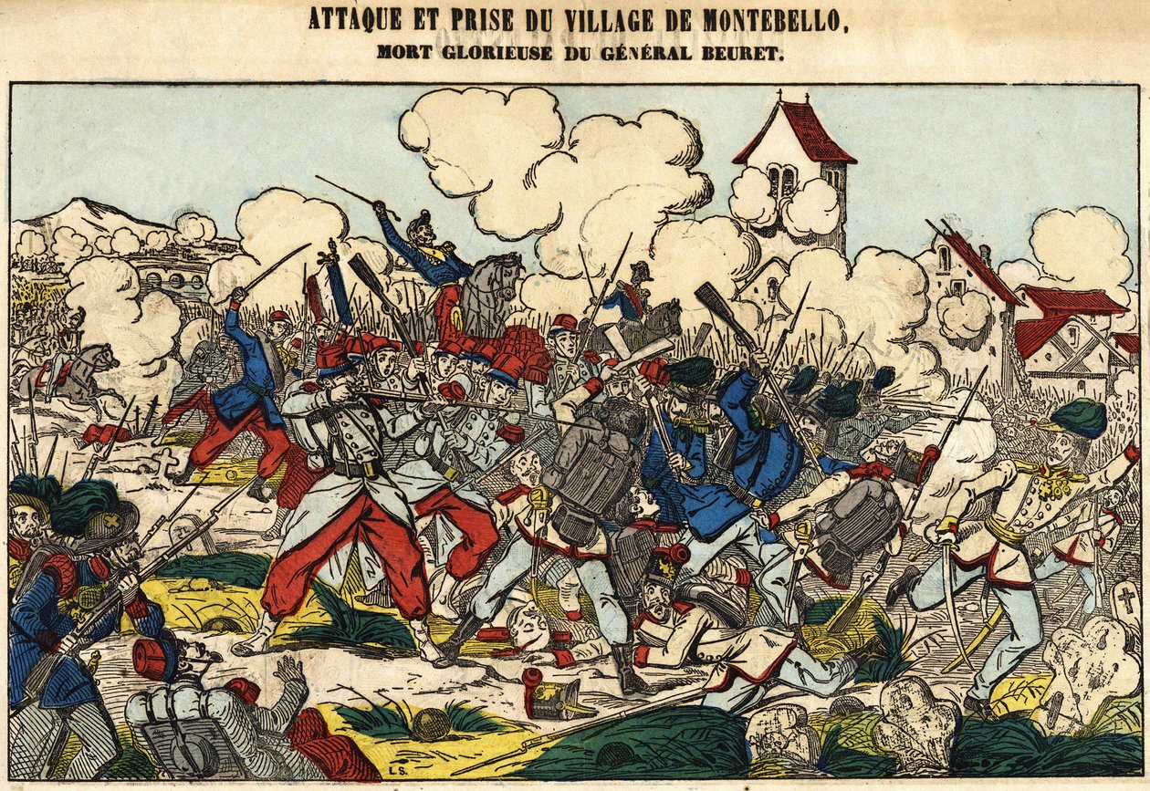 Angriff und Eroberung des Dorfes Montebello, der glorreiche Tod von General Beuret im Jahr 1859. Bild von Epinal von French School
