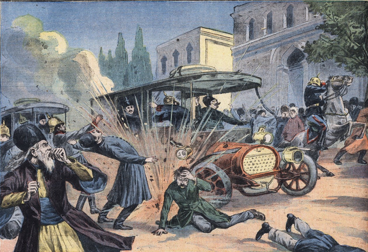 Attentat auf den Schah von Persien Mohammad Ali Shah Qajar (1872-1925). Gravur aus der Zeitung 