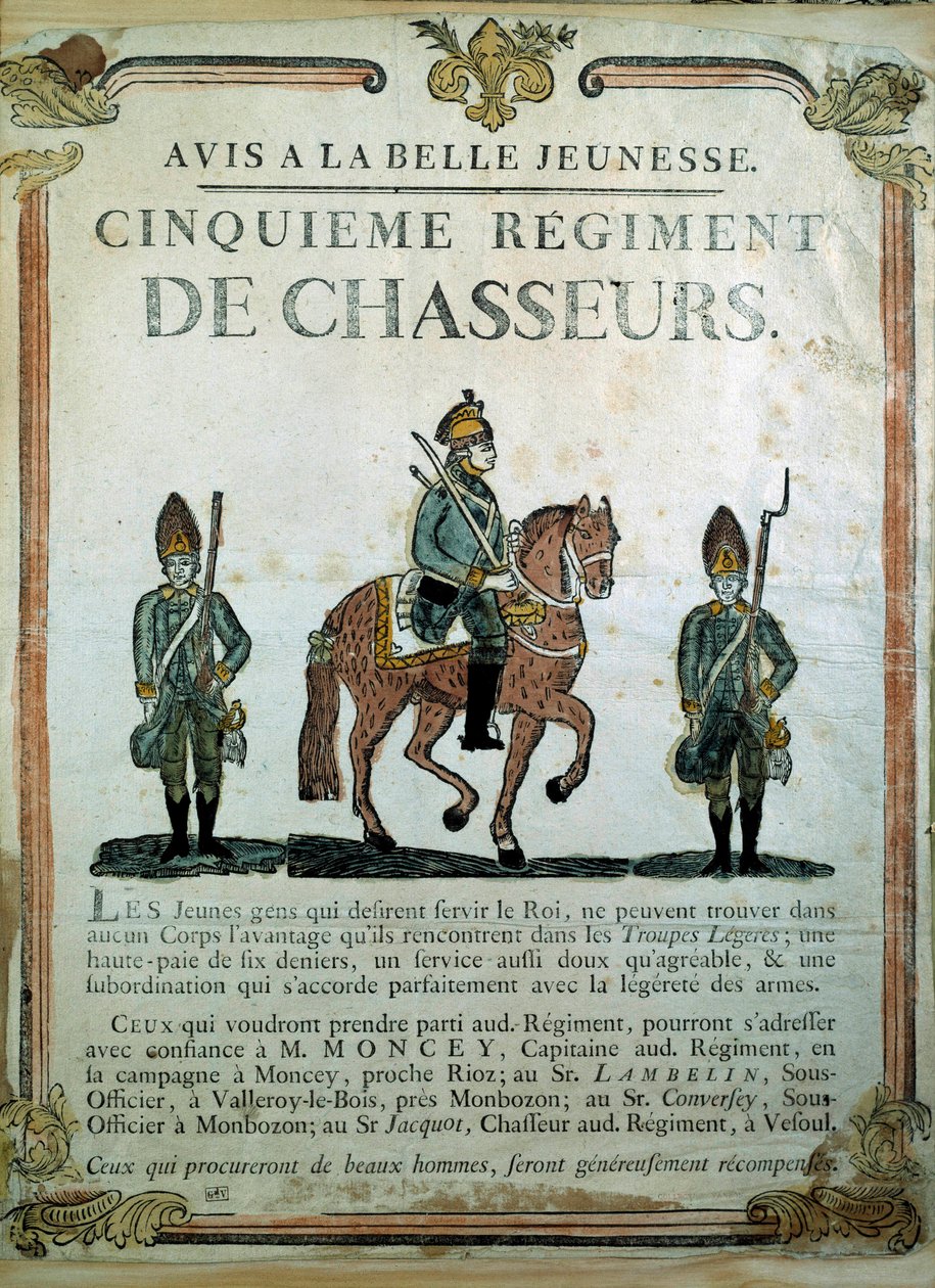 Avis à la Belle Jeunesse, Rekrutierungsplakat für das 5. Regiment der Jäger 18. Jahrhundert. Paris, Musée de l