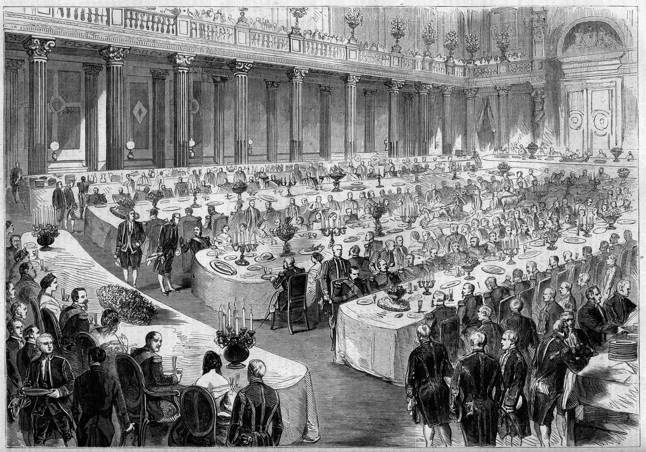 Bankett, organisiert am 14. August 1859 von Napoleon III. im Staatssaal des Denon-Pavillons im Louvre (Paris) zu Ehren der Soldaten der italienischen Armee nach ihrem Sieg im Risorgimento 1859. Gravur in „Le Monde Illustré“ Nr. 124 vom 27. August 1859 von French School