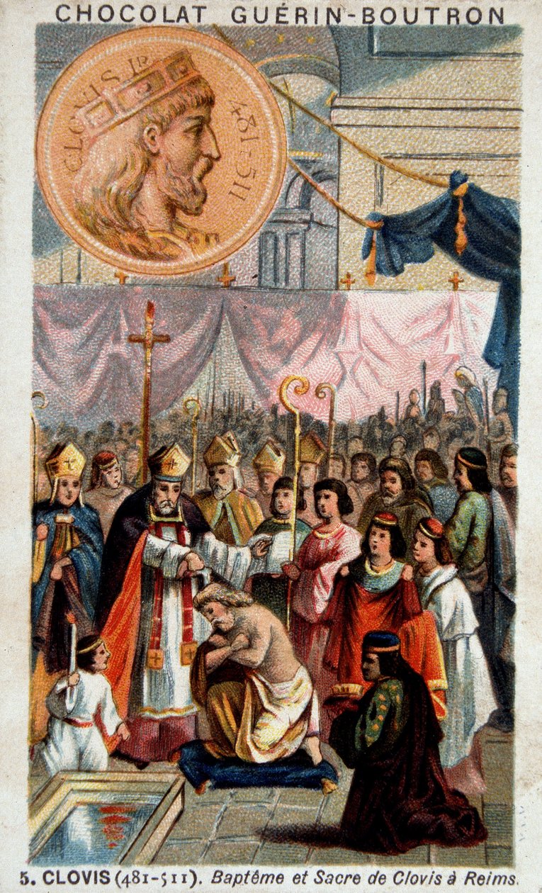 Taufe und Krönung von Clovis in der Kathedrale von Reims, 25. Dezember 496, durch Saint Remi, Bischof von Reims von French School