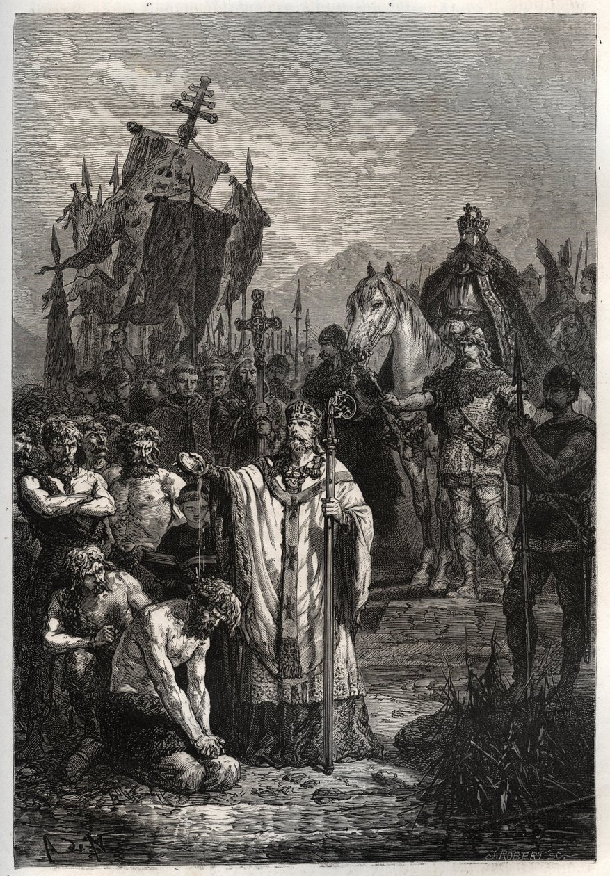 Taufe des heidnischen Sachsenführers Widukind unter dem Druck von Kaiser Karl dem Großen - Karl der Große zwingt die Sachsen zur Taufe - Bekehrung von Widukind vor Karl dem Großen im Jahr 785 - Gravur aus „L