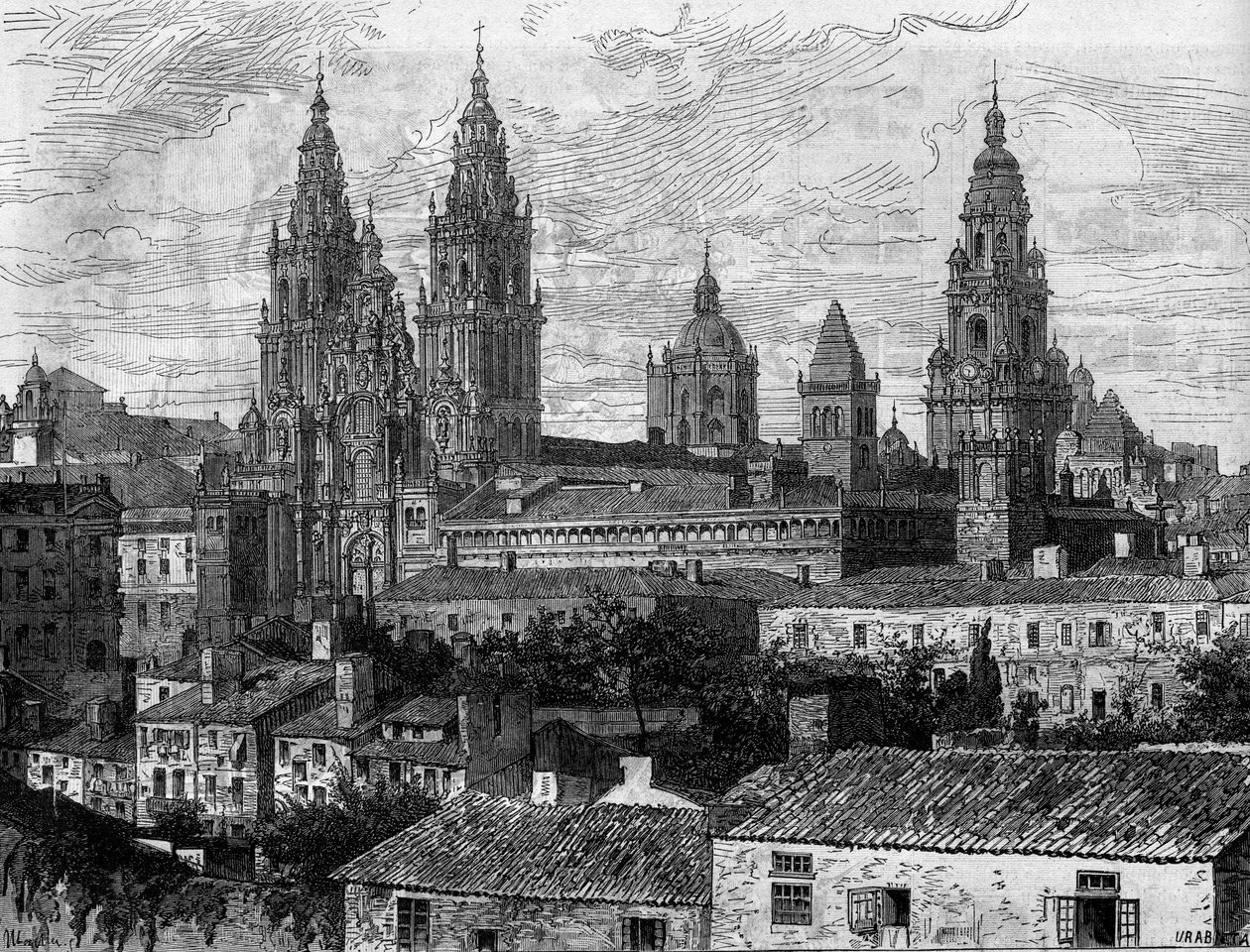 Barockkunst: Ansicht der Kathedrale von Santiago de Compostela. Spanien. Gravur in „Le Monde Illustré“ Nr. 1220 vom 14. August 1880 von French School