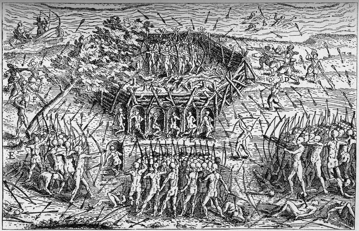 Schlacht zwischen der französischen Armee von Samuel de Champlain (circa 1567-1635) und den Irokesen. Kanada, Anfang des 17. Jahrhunderts. Gravur in „La Marine et les colonies: commerce“ von French School