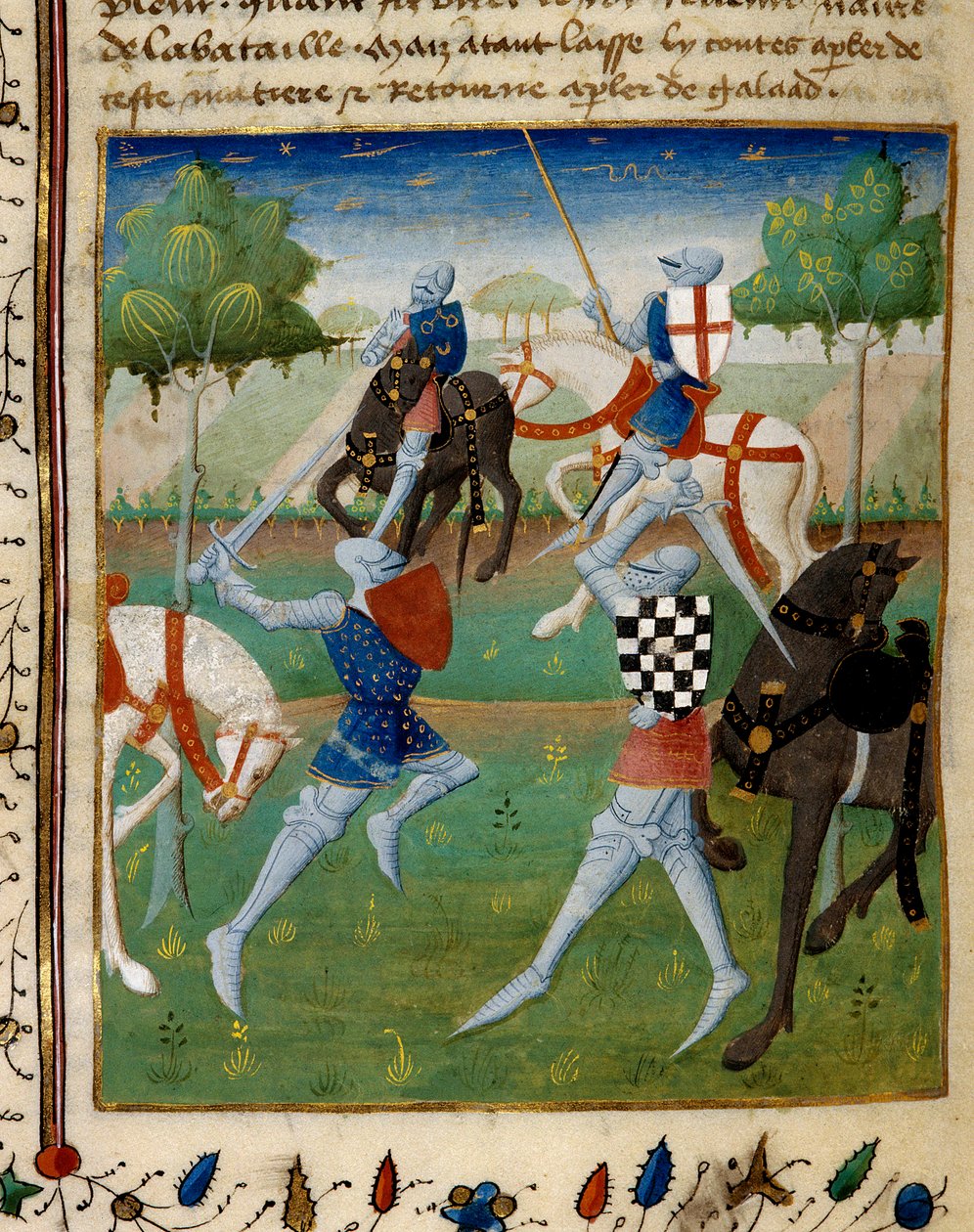 Kampf zwischen dem Ritter Palamede und Artus (oder Arthur) dem Kleinen. Miniatur aus dem Manuskript "Der Roman von Tristan" für Meister Charlkes von Maine von French School