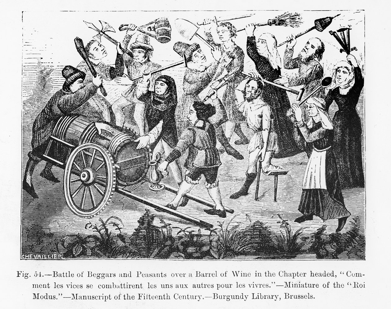 Schlacht von Bettlern und Bauern um ein Weinfass, aus dem Buch von König Modus, Illustration aus Wissenschaft und Literatur im Mittelalter und in der Renaissance, geschrieben und graviert von Paul Lacroix von French School