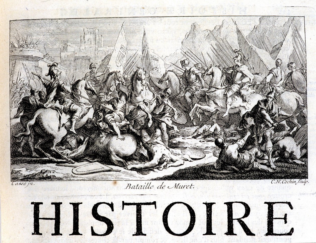 Schlacht von Muret am 12. September 1213 - in „Allgemeine Geschichte von Languedoc“ von Joseph Vaissete, Paris von French School