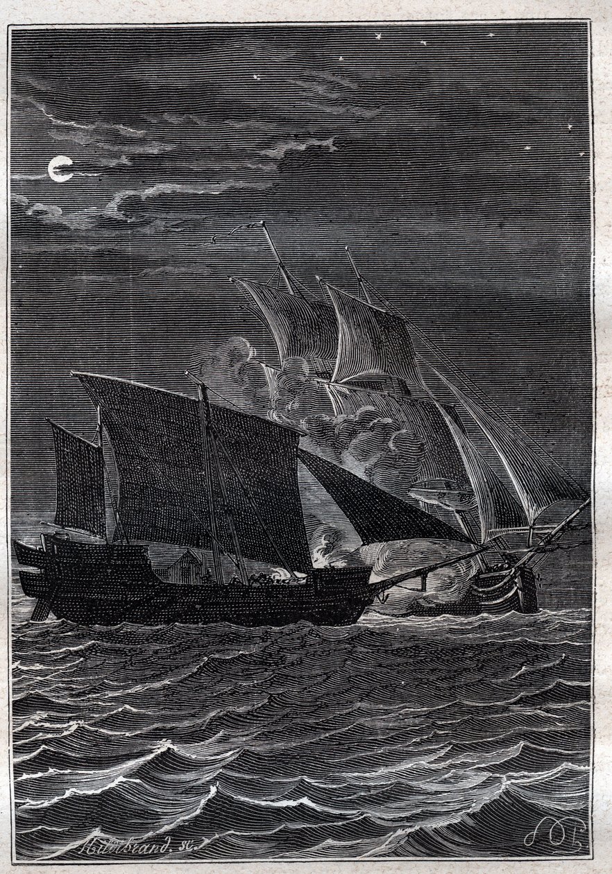 Schlacht der Schwalbe und eines malaysischen Piratenschiffs: Das Schiff Swallow von Philip Carteret oder Philippe de Carteret (1733-1796) kämpfte 1767 in den indonesischen Gewässern gegen ein malaysisches Piratenschiff - Illustration aus „Die großen Seefah von French School