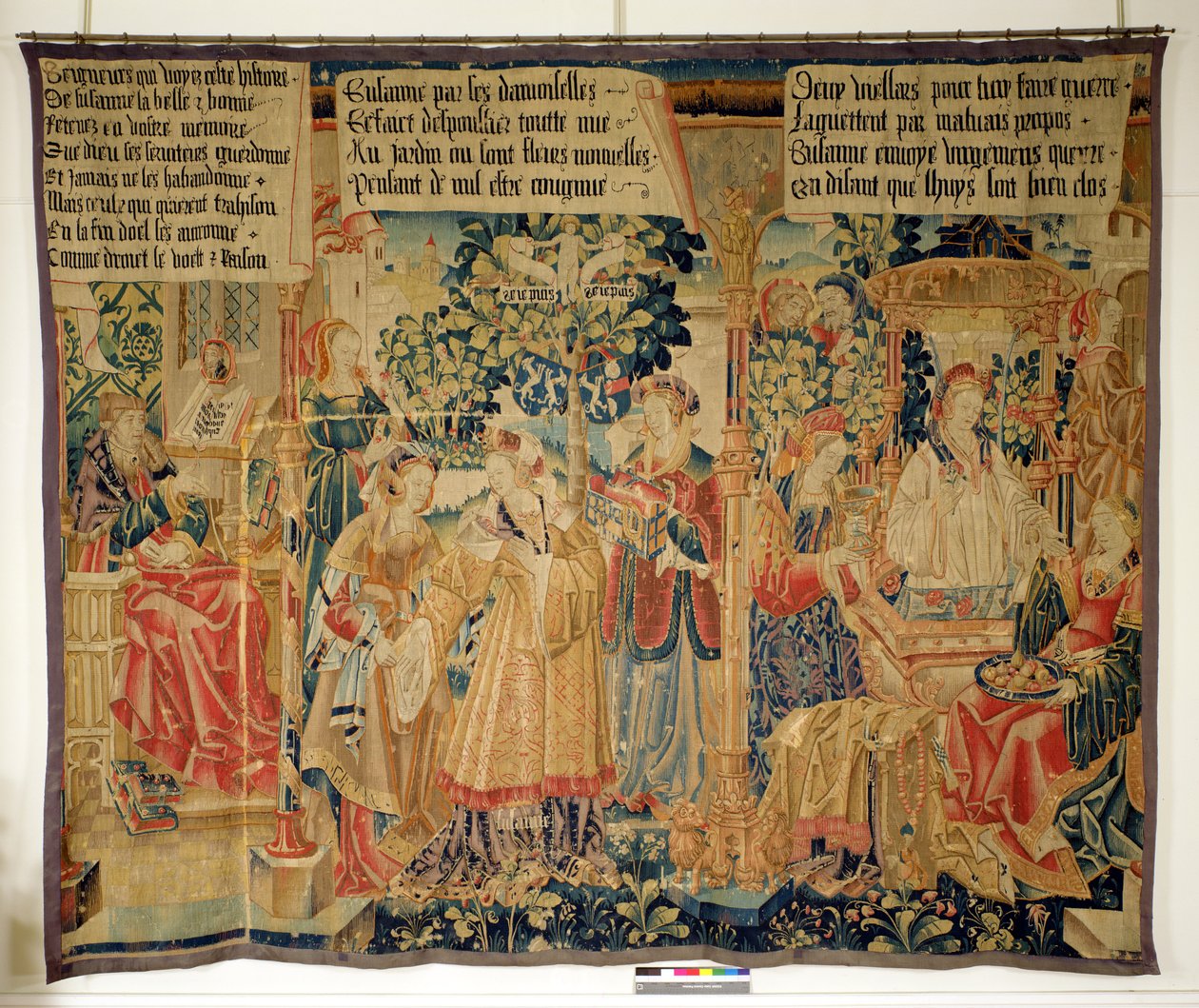 Benigne de Cirey und Susanna beim Baden, linkes Panel aus der Geschichte von Susanna von French School