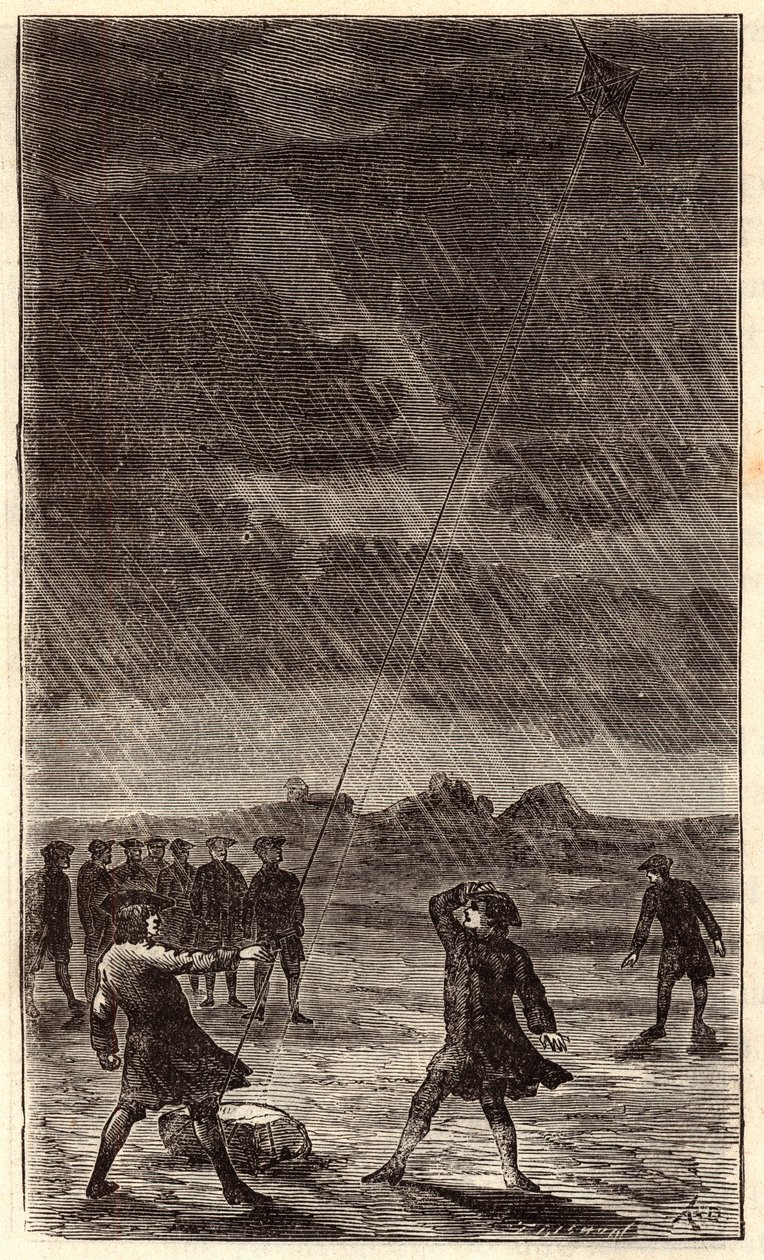 Benjamin Franklins Blitzexperiment - Experiment von Benjamin Franklin (1706-1790), der einen Drachen steigen ließ, um die elektrische Natur des Blitzes zu demonstrieren. Kolorierte Gravur des 19. Jahrhunderts. Gravur in „Wissenschaften für jedermann - phys von French School