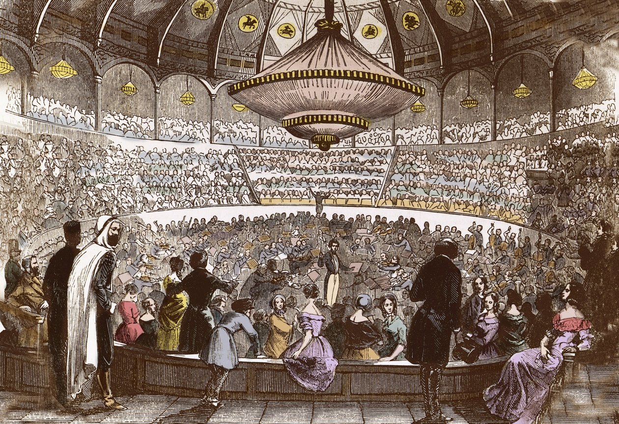 Berlioz dirigiert sein Konzert am 19. Januar 1845 im Cirque Olympique in Paris - Hector Berlioz (1803-1869) im Saal des Olympischen Zirkus der Champs-Élysées in Paris von French School