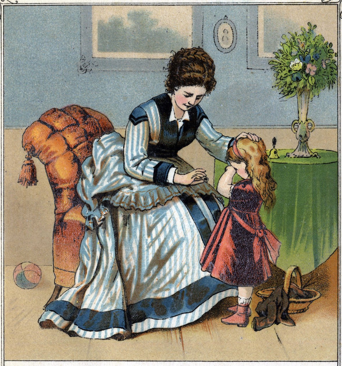Berthe weint, weil sie sich beim Nähen in den Finger gestochen hat. Ihre Mutter schimpft sie, weil sie vergessen hat, den Fingerhut zu benutzen. Chromolithographie aus „Szenen aus der Kindheit“, veröffentlicht von Guerin - Muller um 1885. von French School
