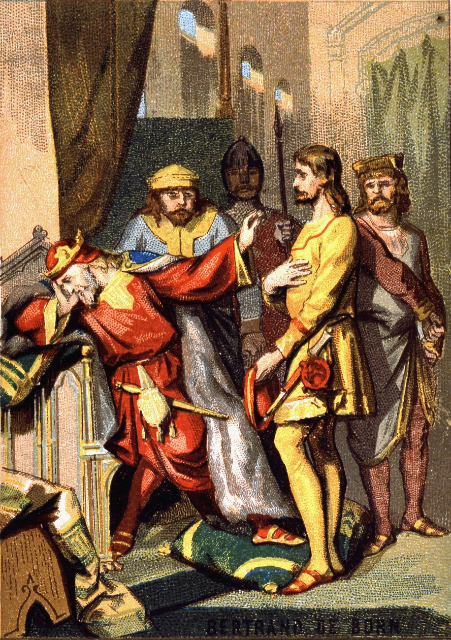 Bertran (Bertrand) de Born (1140 - 1215) Troubadour aus Périgord, Herr von Hautefort, vor Heinrich II. (1133 - 1189) von England. Chromolithographie aus der Serie „Patriotische Erziehung durch Bild“ von French School