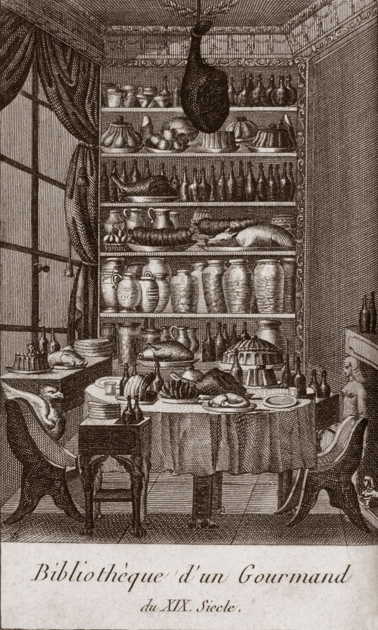 Bibliothek eines Gourmets des 19. Jahrhunderts - Gravur in „Almanach des Gourmands, als Leitfaden für die Zubereitung exzellenter Speisen. Von einem alten Liebhaber“ von Alexandre Balthazar Laurent Grimod de la Reyniere - 1804-1812 von French School