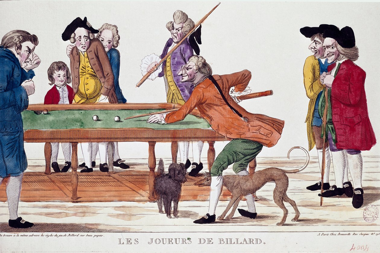 Billardspieler (Thermidor des Jahres 8 des Revolutionskalenders) (1800). Karikatur. Farbgravur der französischen Schule der Revolutionszeit. Paris, Musée Carnavalet von French School