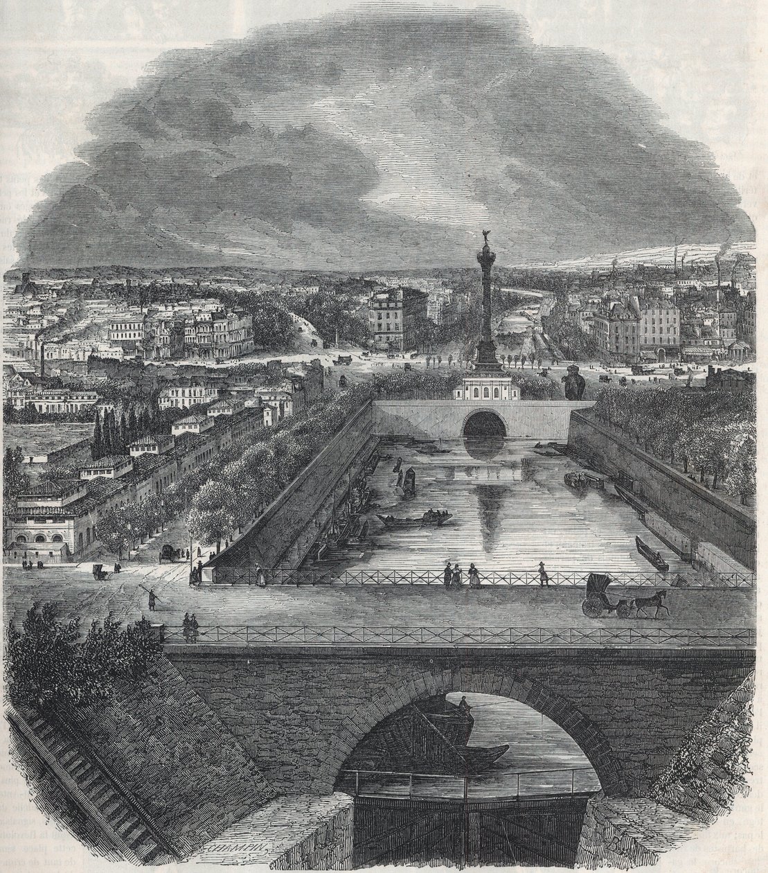 Vogelperspektive des Canal Saint-Martin (Saint Martin), des Platzes und des Bastille-Viertels, aufgenommen vom rechten Ufer der Seine - Gravur in „Tableau-de-Paris“ von Edmond Texier 1852 von French School