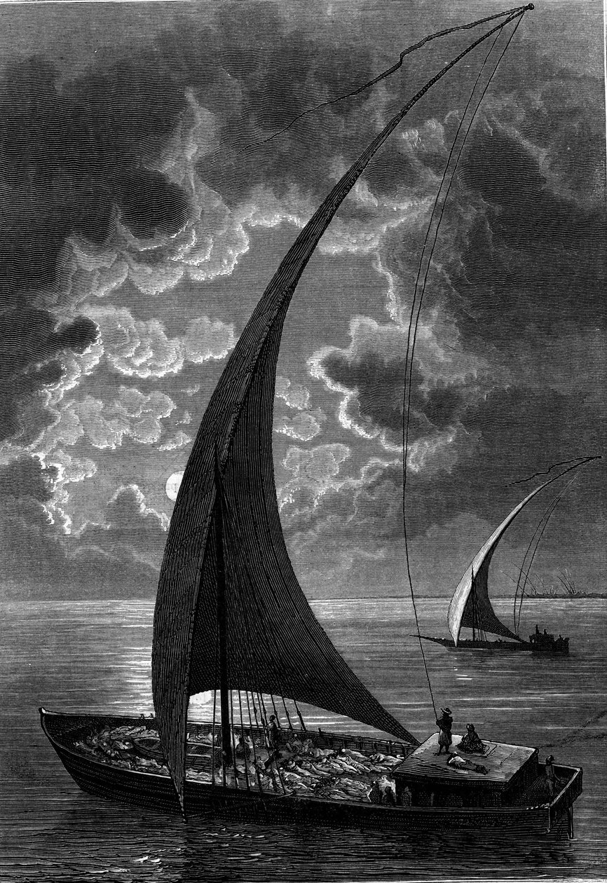Boot (Feluke) auf dem Nil, Ägypten. Gravur in „The Journal of Youth“ von French School
