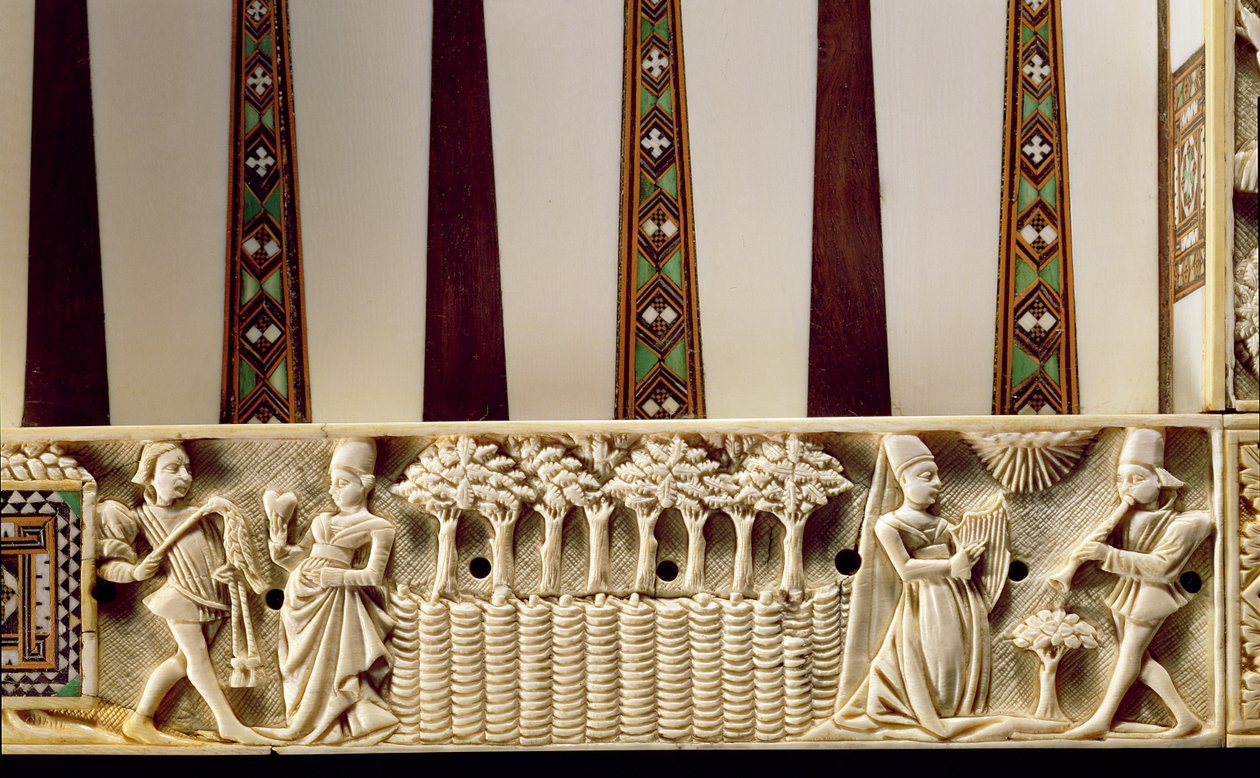 Rand eines Backgammon-Bretts, das ein Liebespaar zeigt, 1415 von French School