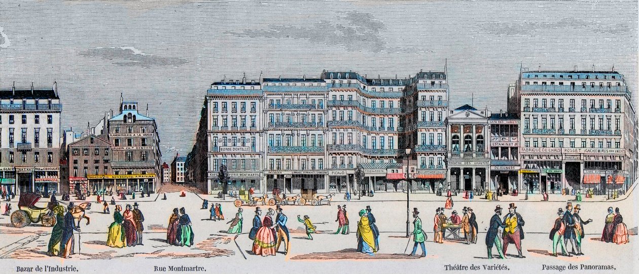 Boulevard Poissonniere und Boulevard Montmartre - Basar der Industrie - Rue Montmartre - Théâtre des Variétés und Passage des Panoramas - Gravur in „Tableau-de-Paris“ von Edmond Texier 1852. von French School