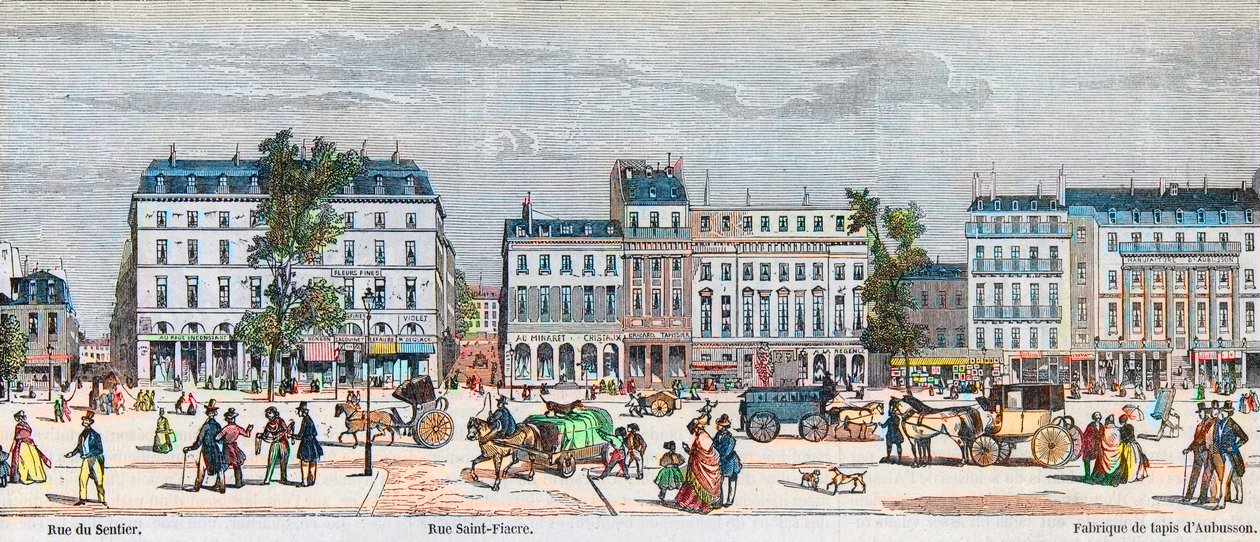 Boulevard Poissonnière Südseite - Rue du Sentier - Rue Saint Fiacre - Gravur in „Tableau-de-Paris“ von Edmond Texier 1852 von French School