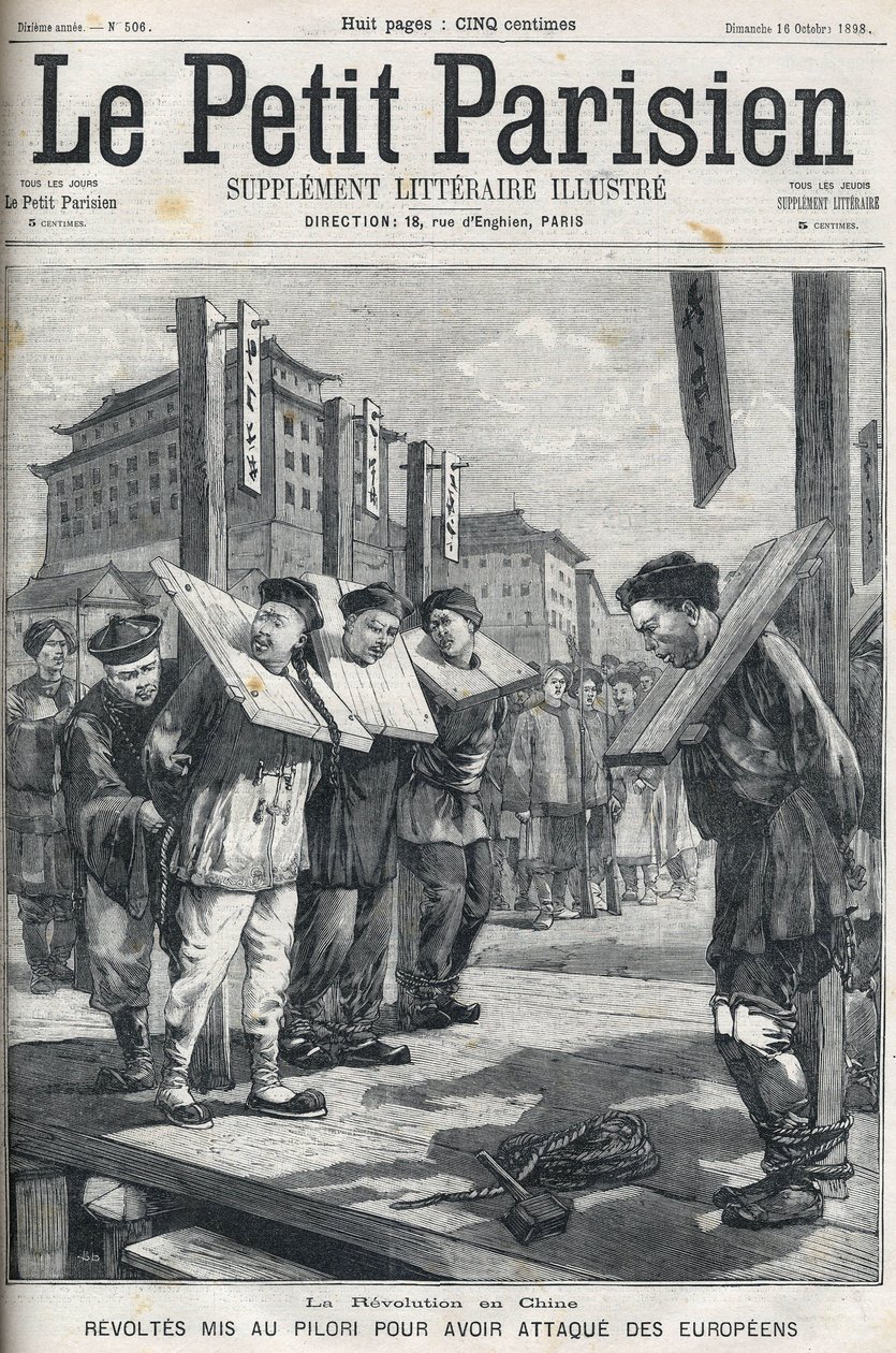 Boxeraufstand in China im Jahr 1898: Aufständische an den Pranger gestellt wegen Angriffs auf Europäer. Titelblatt von „Le petit parisien“ von 1898. von French School