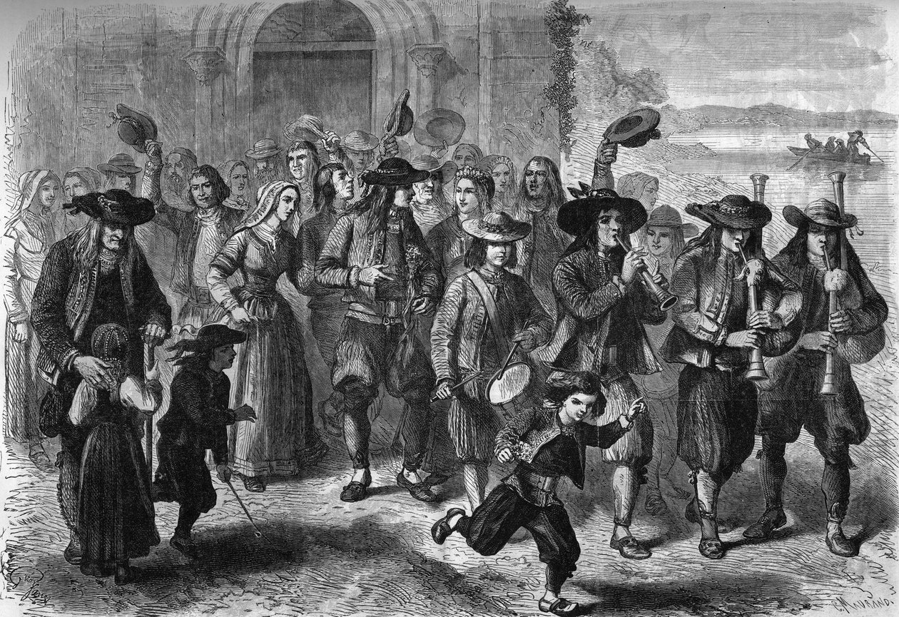 Bretonischer Brauch: ein junges Ehepaar beim Verlassen der Kirche. An der Spitze des Zuges sind Dudelsack- und Trommelspieler. Treguennec, Finistère (29) von French School