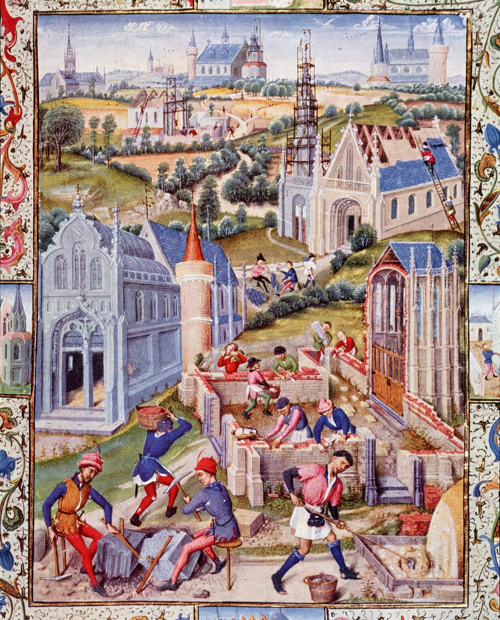 Baustellen in Saint Denis (Stadt) für den Bau von 12 Kirchen zu Ehren der 12 Apostel. Miniatur aus dem „Leben des sehr edlen Grafen Gerard de Roussillon“ von French School