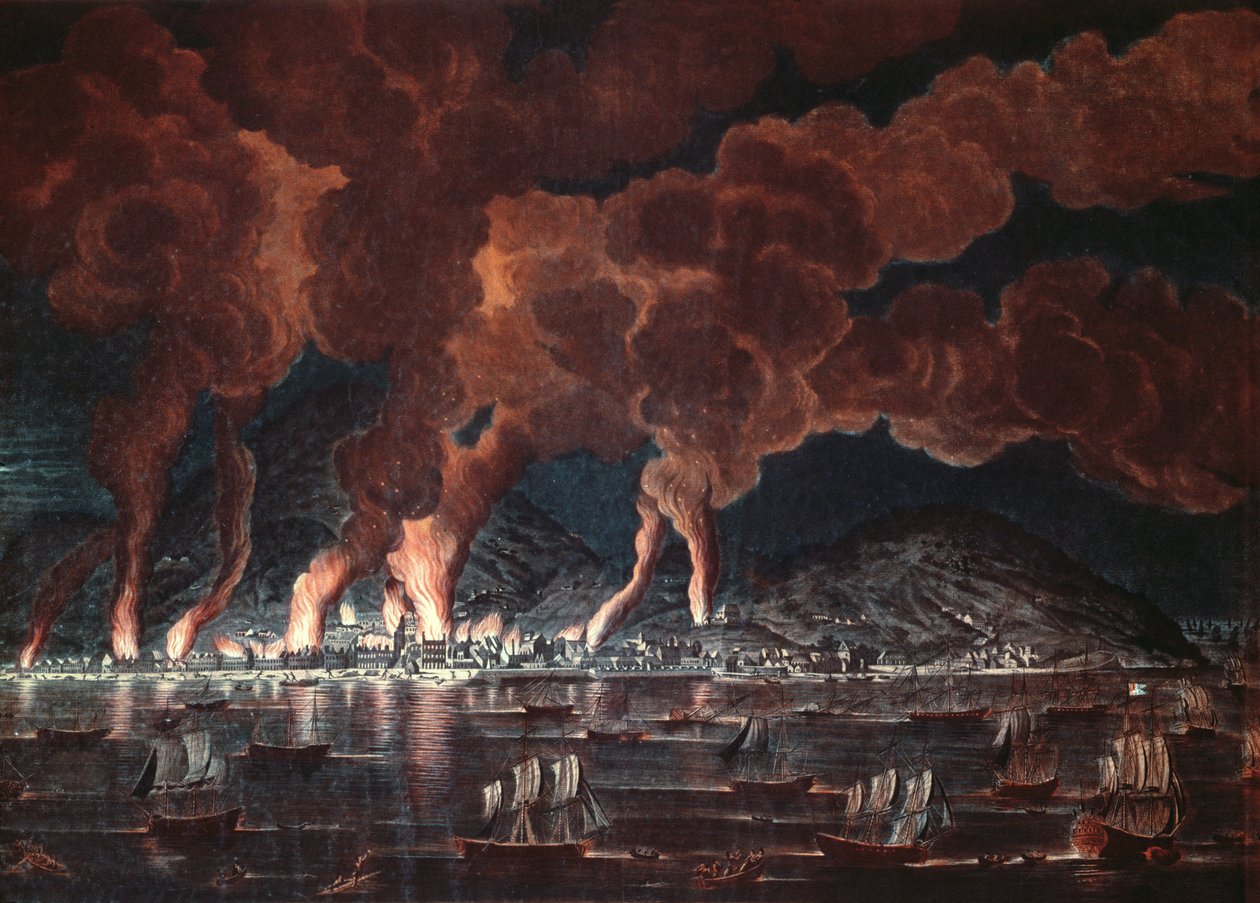 Brand der Stadt Cap-Français, Saint-Domingue (Haiti), 1795 von French School