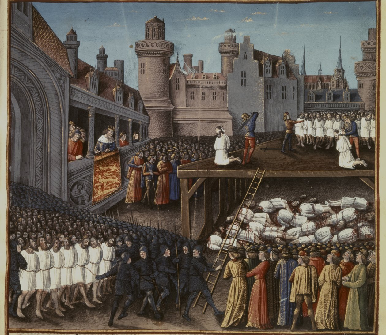 Kreuzzüge: Richard I. beobachtet die Enthauptung der muslimischen Garnison von Akkon von French School