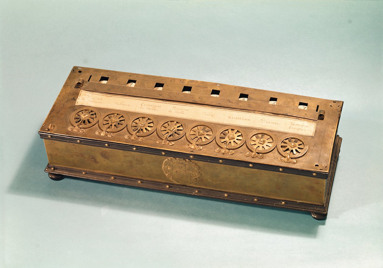 Rechenmaschine, erfunden von Blaise Pascal (1623-62) (Holz & Metall) von French School