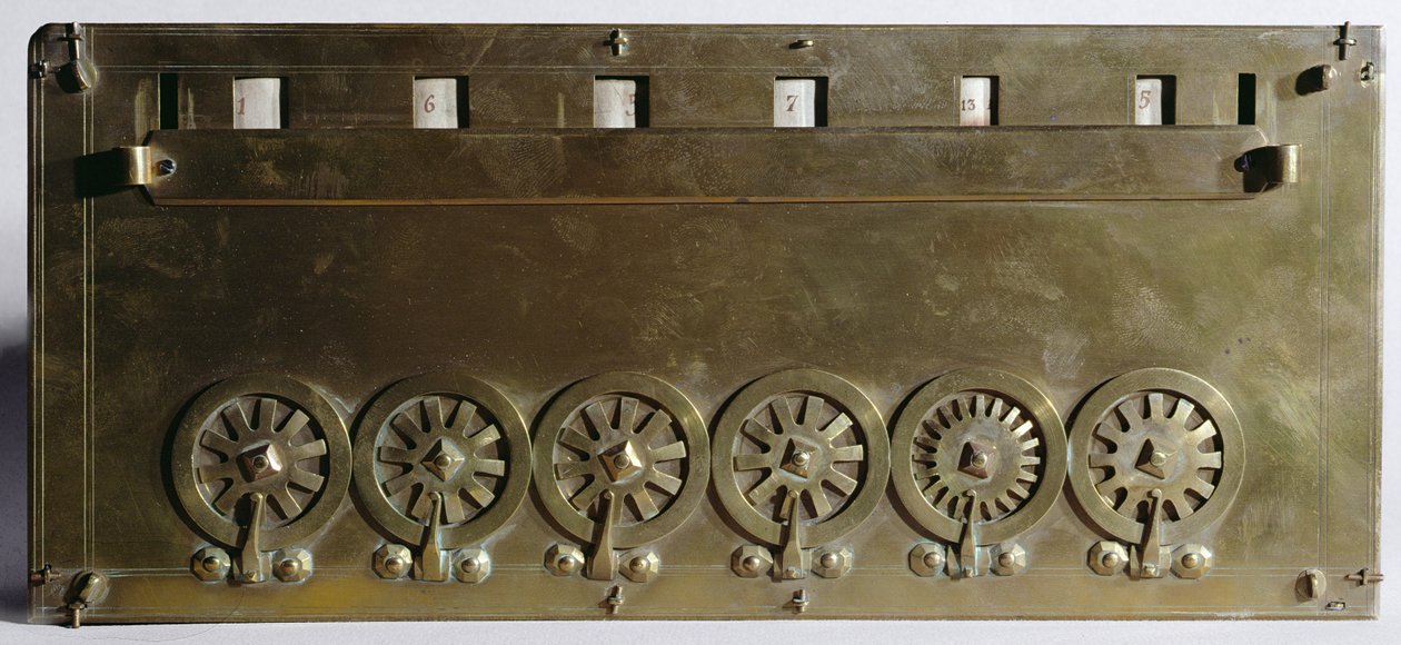 Rechenmaschine, erfunden von Blaise Pascal (1623-63) im Jahr 1642 (Holz und Metall) von French School