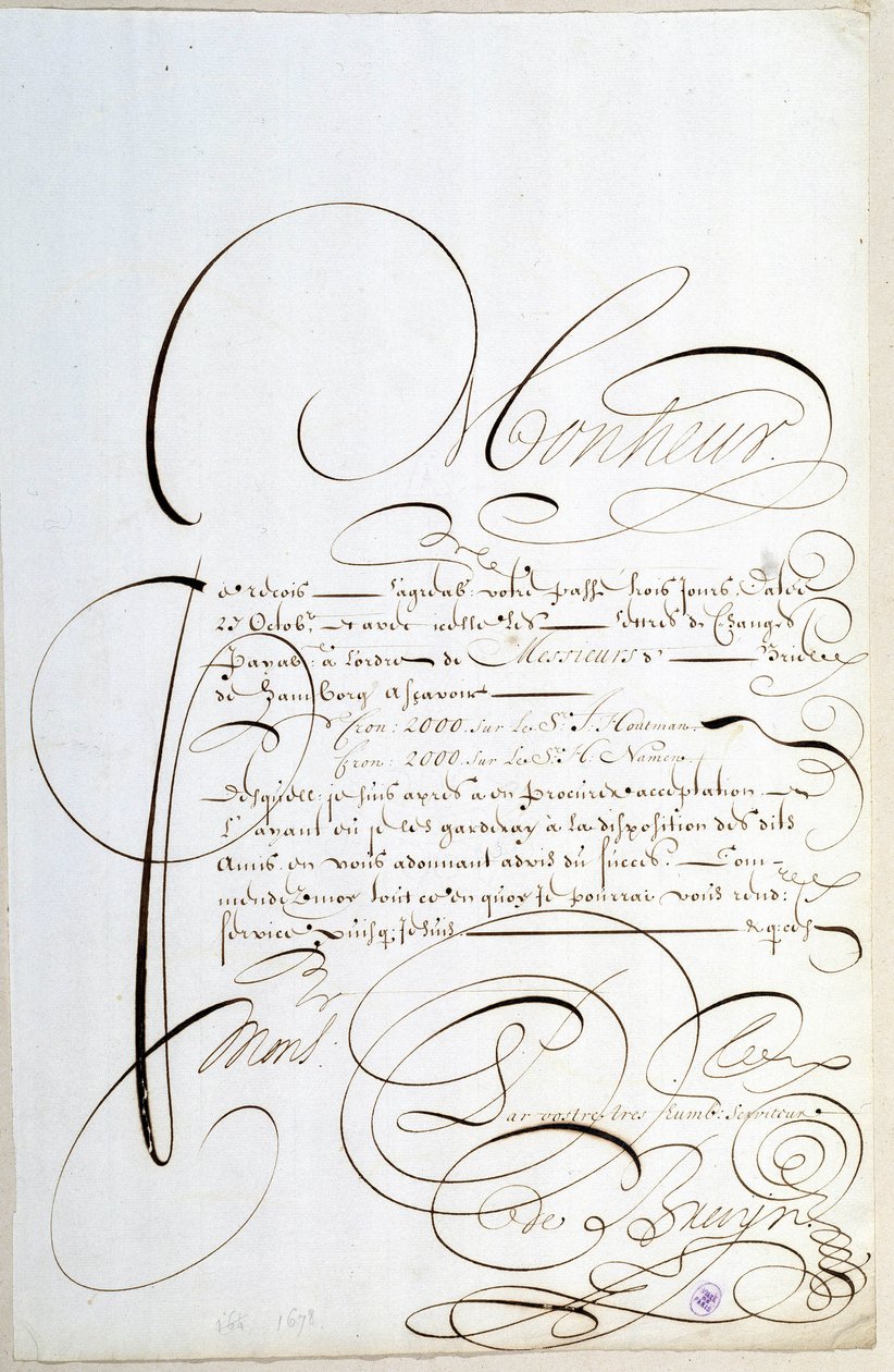 Kalligraphie: Brief von Konten, kalligraphiert um 1678 von François de Bruyn. von French School