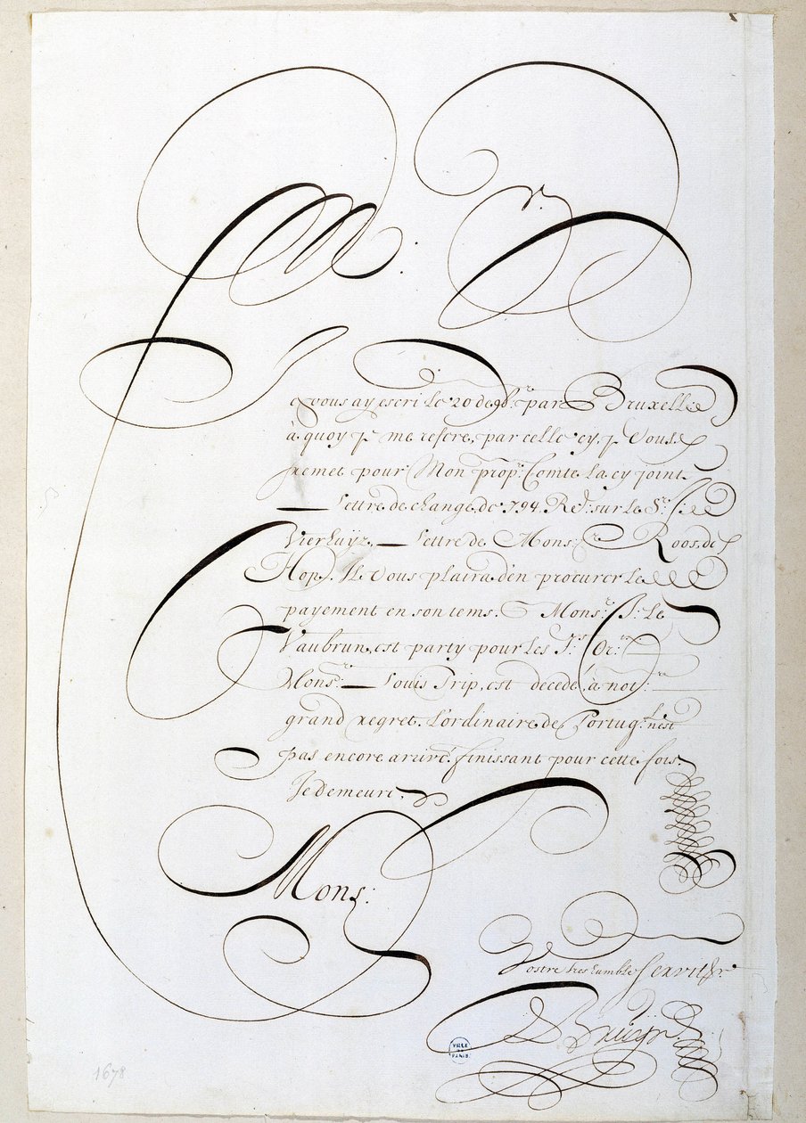 Kalligraphie: Kalligrafierter Rechnungsbrief um 1678 von Francois de Bruyn. Historische Bibliothek der Stadt Paris von French School