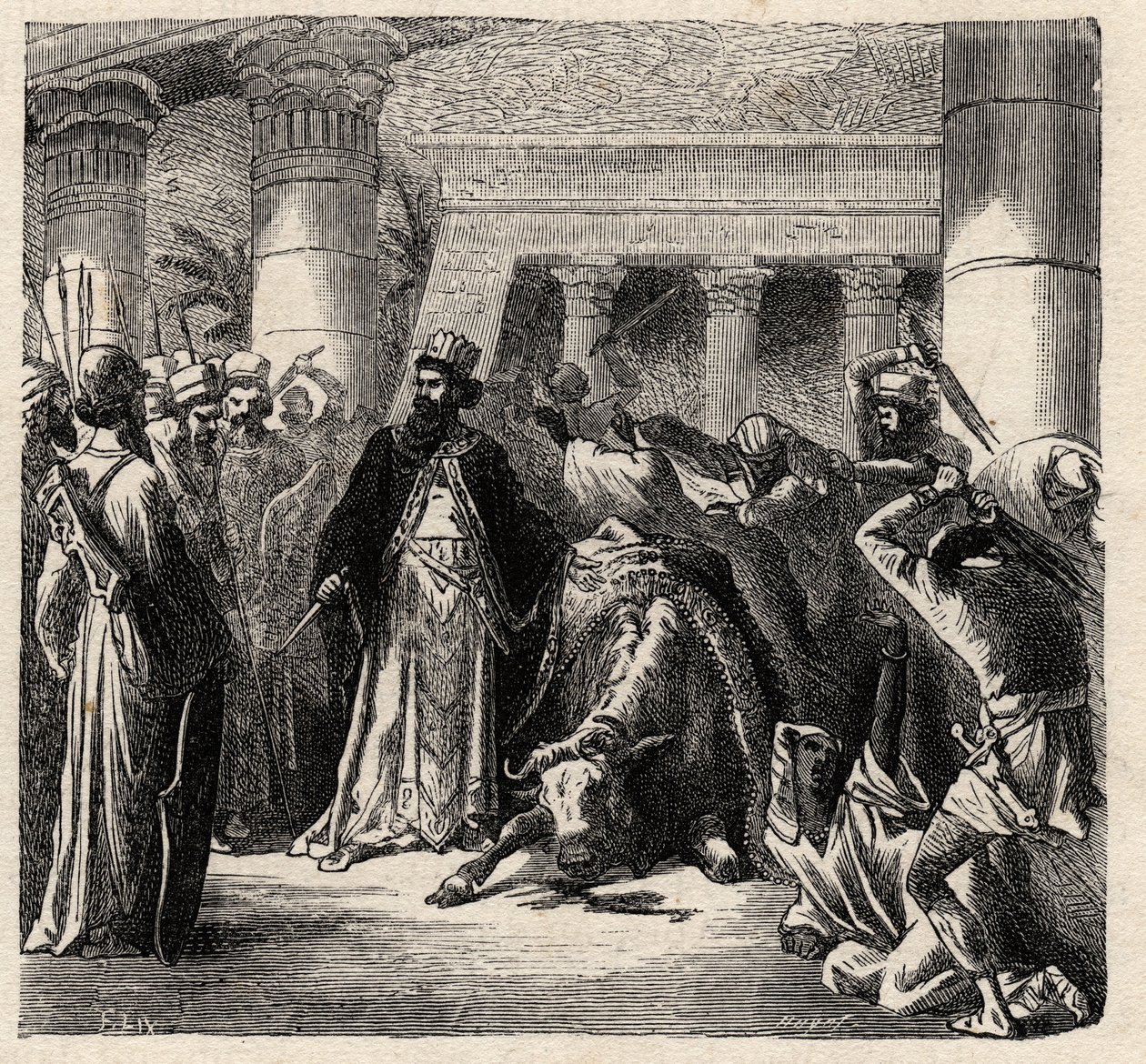 Kambyses II., Herrscher der Achämeniden-Perser, tötet den Apis, den heiligen Stier der Ägypter - Kambyses oder Kambyse II. (530-522 v. Chr.) Gravur aus „L