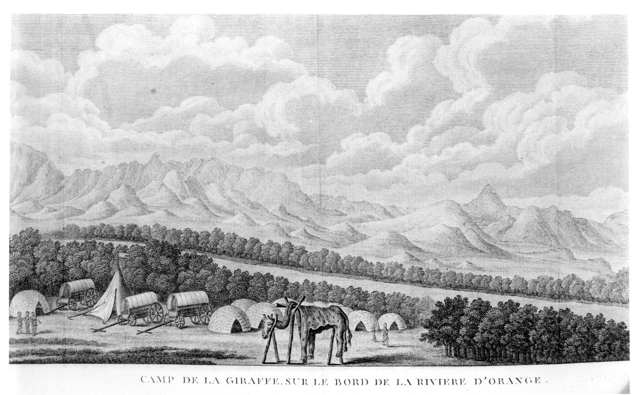 Camp Giraffe am Ufer des Oranje-Flusses, aus Band 2 von Second Voyage dans linterieur de lAfrique von Francois Le Vaillant (1753-1824), veröffentlicht 1796 von French School