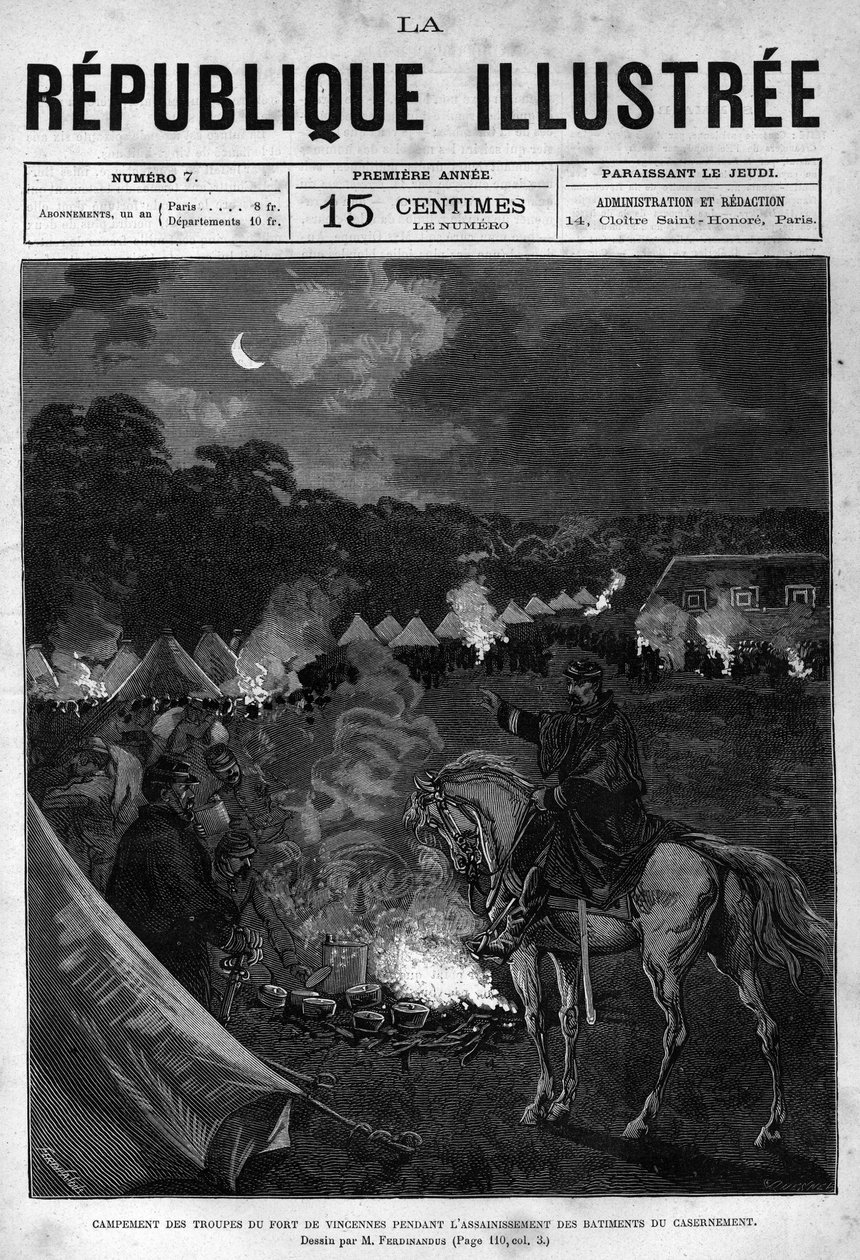 Lager der Truppen von Fort de Vincennes während der Reinigung der Quartiergebäude. Eine Zeitung. Gravur von 1880 in „La république illustrée“. Privatsammlung. von French School