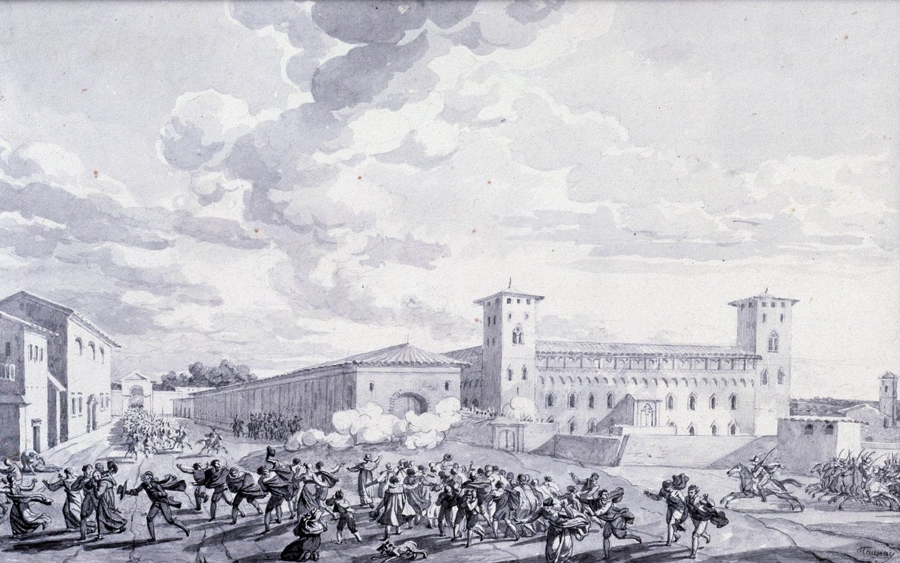 Italienfeldzug: Ansicht des Aufstands der Stadt Paris gegen die französische Besatzung im Mai 1796. Anonyme Zeichnung. Paris, Louvre Museum von French School