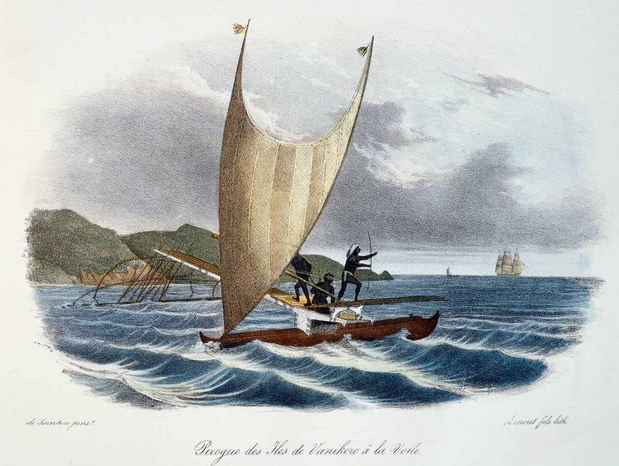 Kanu mit Segel von den Vanikoro-Inseln, Salomonen (Archipel), Farbgravur aus der Entdeckungsreise der Astrolabe, durchgeführt im Auftrag des Königs, in den Jahren 1826-1829, von Jules-Sebastien-Cesar Dumont d