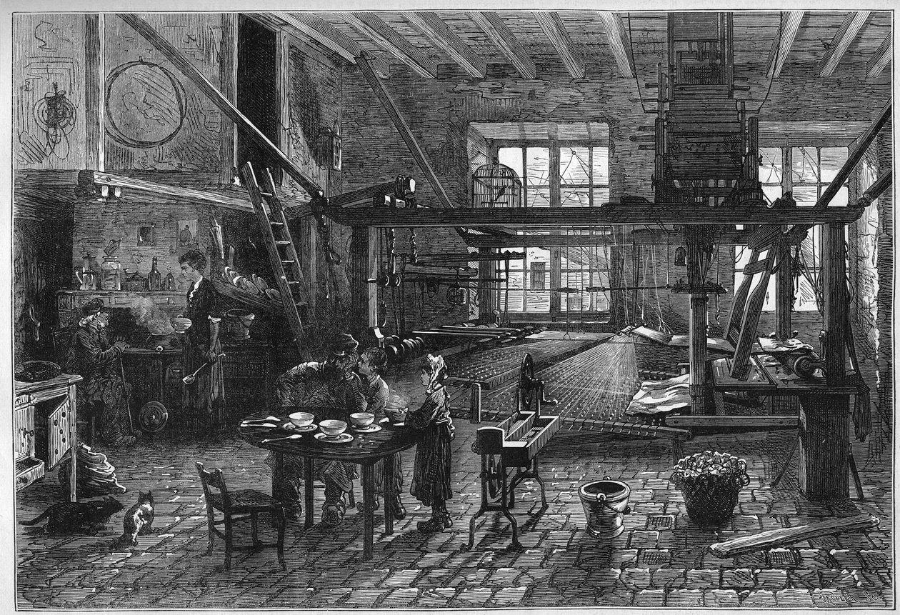 Canut-Werkstatt. Innenansicht einer Seidenweberwerkstatt in Lyon während einer Krise Ende des 19. Jahrhunderts. Gravur in „Le Monde Illustré“ Nr. 1039 vom 10. März 1877. von French School