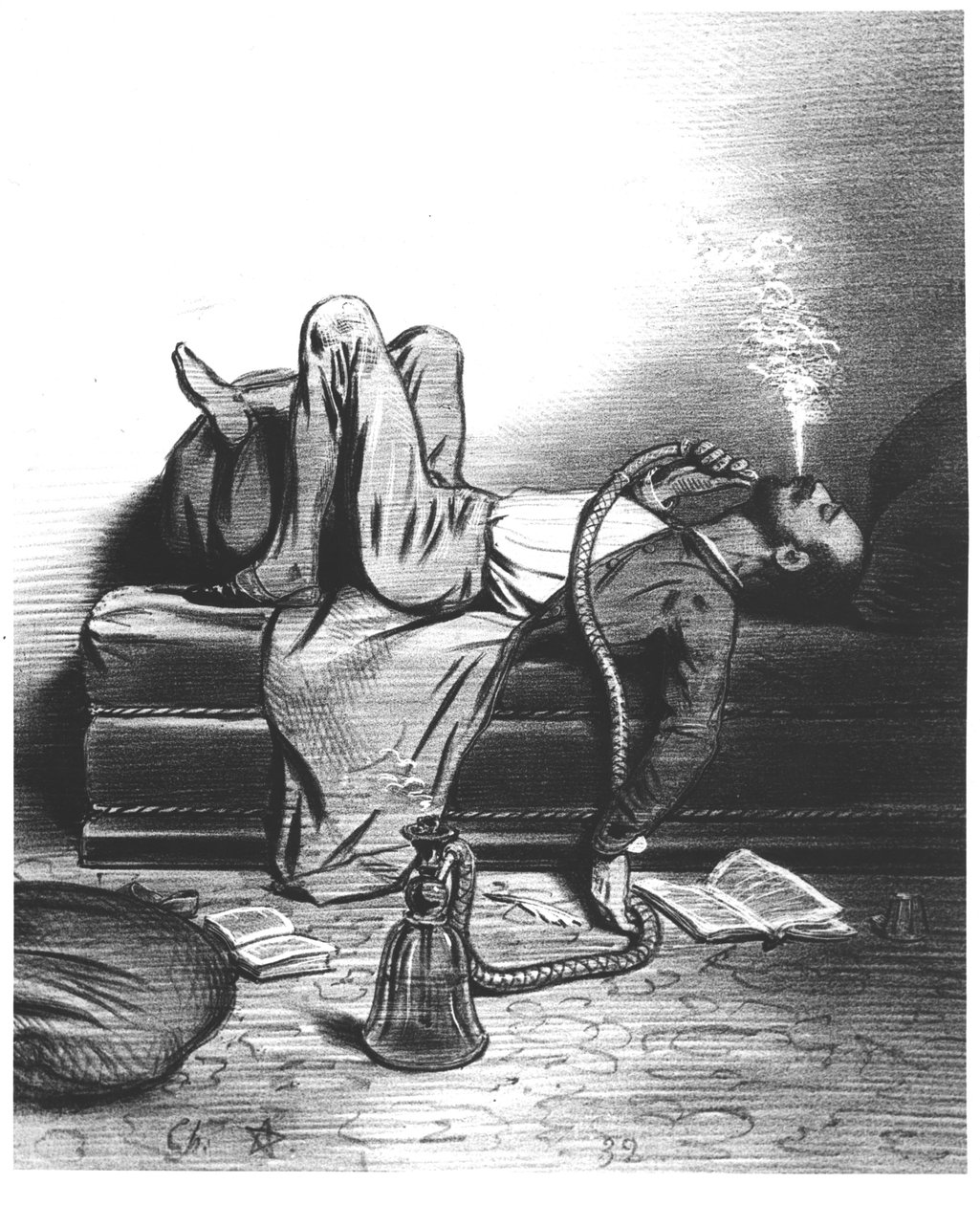 Karikatur des romantischen Schriftstellers, der seine Inspiration im Haschisch sucht, ca. 1849 von French School