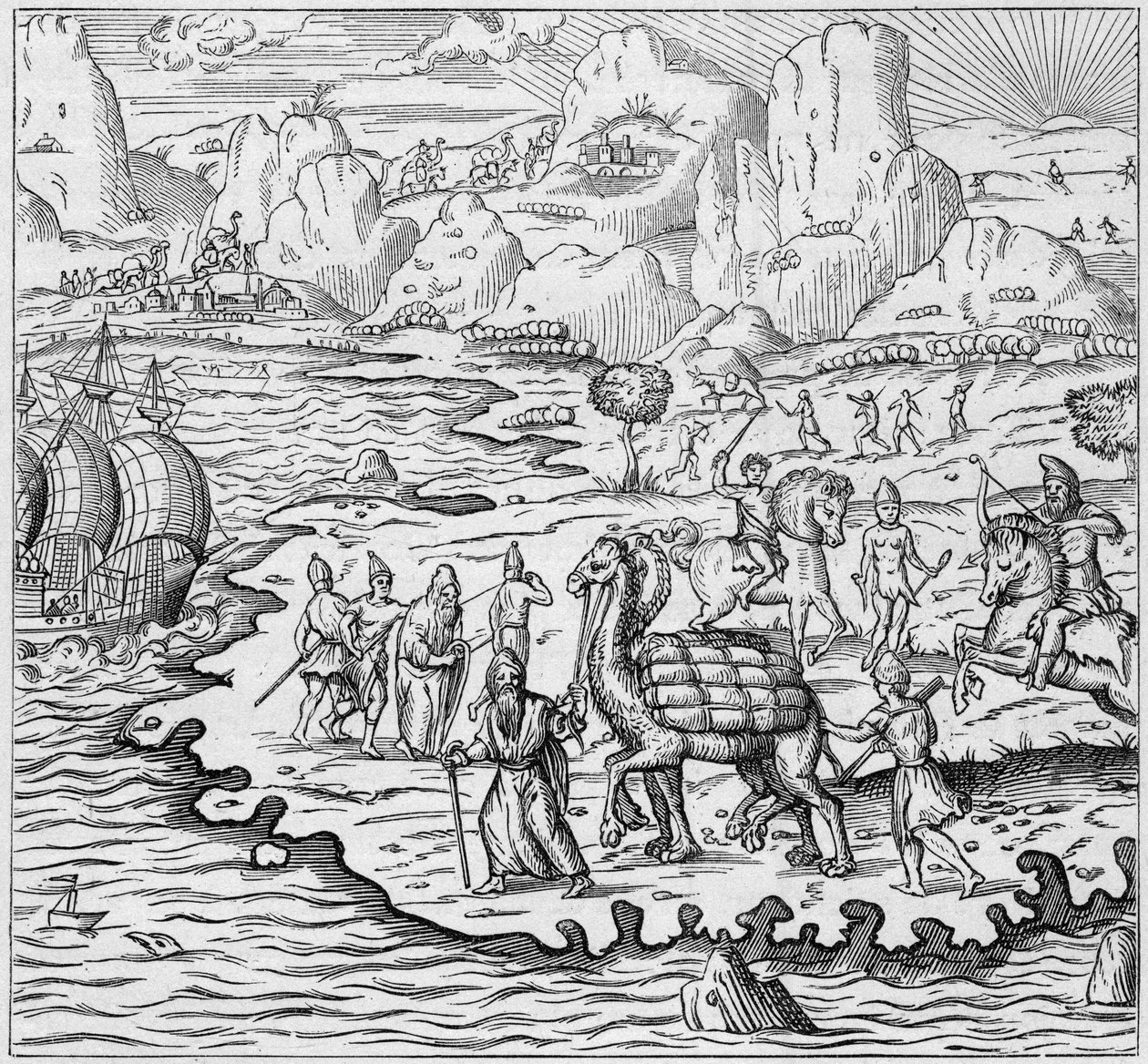 Warenbeförderung per Kamel zum Beladen von Schiffen, die den griechischen Handelsposten in Alexandria nach Europa verlassen. Gravur in „La Marine et les colonies: commerce“ von French School