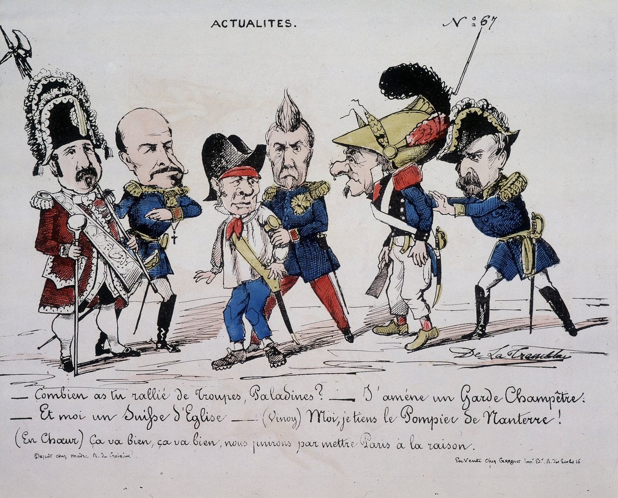 Karikatur über die Kommune „Nachrichten - Wie viele Truppen hast du versammelt, Paladine? - Ich bringe eine Landwache. Und ich bin eine Schweizer Kirche. - (Vinoy) Ich halte den Feuerwehrmann von Nanterre - (Im Herzen) Es ist gut, es ist gut, wir werden Pa von French School