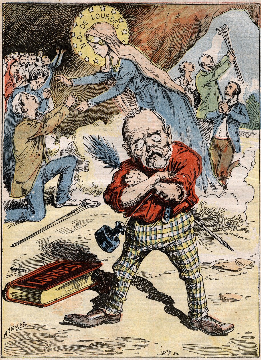 Karikatur des Schriftstellers Emile Zola (1840-1902), der über die Hingabe der Gläubigen in Lourdes trotz seiner Kritik am Thema in seinem Roman „Lourdes“ perplex ist. Gravur in „Le Pelerin“ vom 30. August von French School