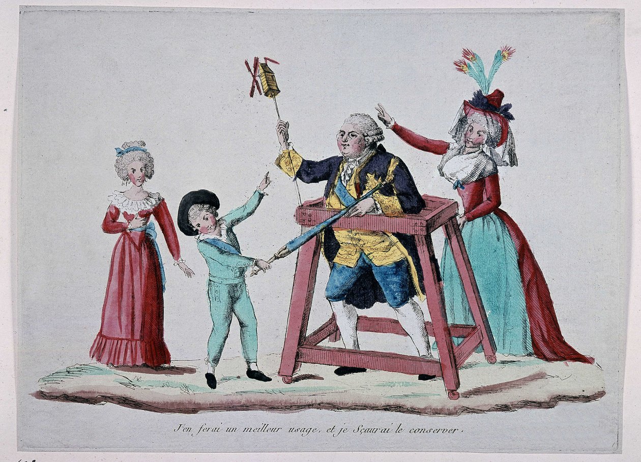 Karikatur der königlichen Familie (Louis XVI. und Marie Antoinette mit ihren Kindern) während der Französischen Revolution, um 1790 - Musée Carnavalet von French School
